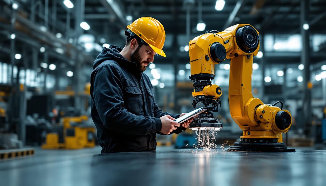 A photograph of a dynamic industrial workspace featuring a skilled contractor collaborating with advanced robotic machinery