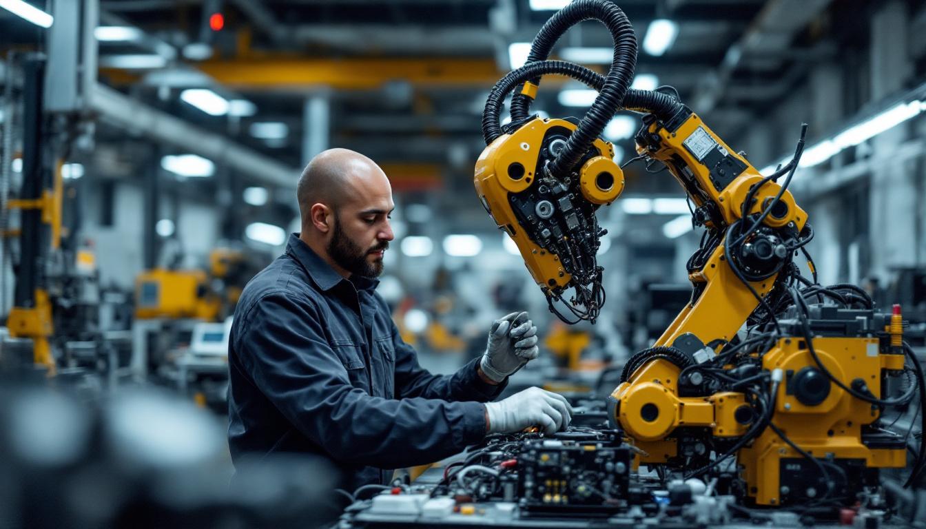 A photograph of a skilled electrical engineer working on an industrial robot