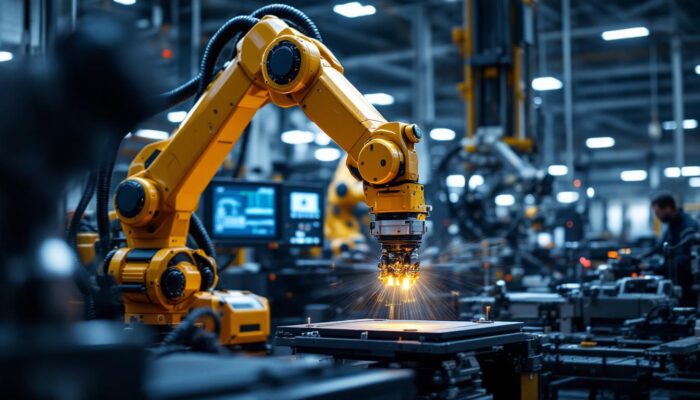 A photograph of a dynamic industrial robotic arm in action