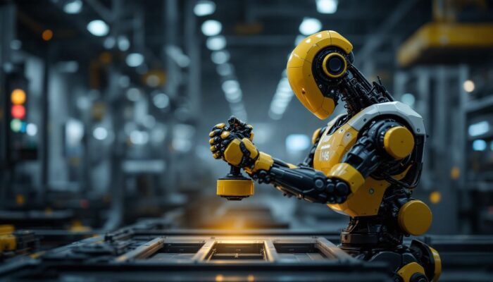 A photograph of a sleek industrial robot in action