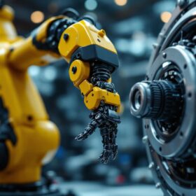 A photograph of capture a photograph of a dynamic industrial robotic arm in action