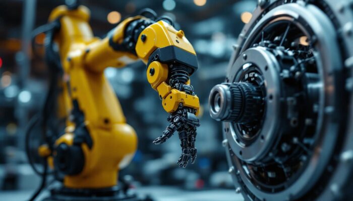A photograph of capture a photograph of a dynamic industrial robotic arm in action