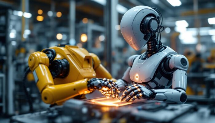 A photograph of a modern industrial robot in action within a manufacturing setting