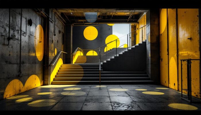 A photograph of a surreal staircase that blends industrial elements with a dreamlike atmosphere