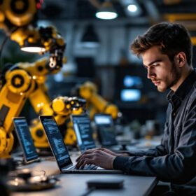 A photograph of a focused embedded software engineer intern working on a laptop in a modern workspace