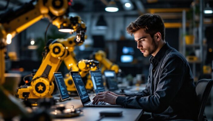 A photograph of a focused embedded software engineer intern working on a laptop in a modern workspace
