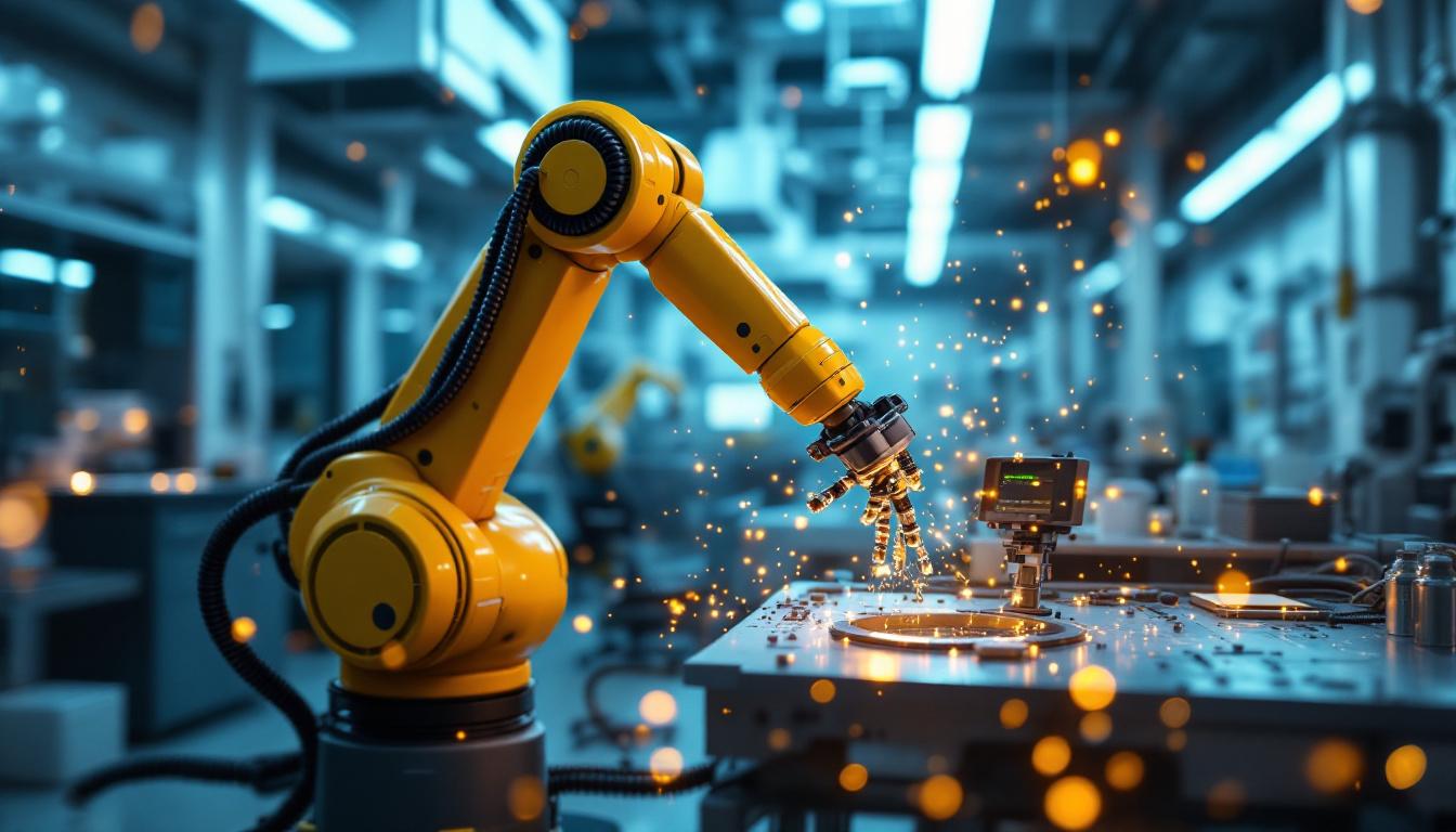 A photograph of a dynamic scene showcasing a robotic arm in action within a biomedical research facility