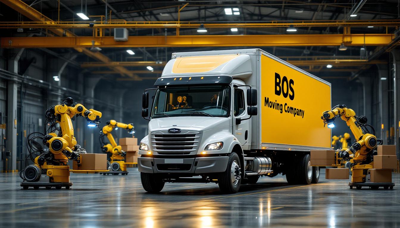 A photograph of a bos moving company truck in action