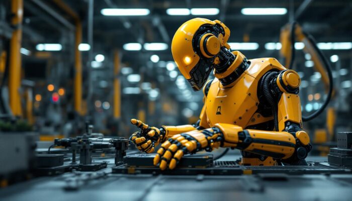 A photograph of a sleek industrial robot in action on a factory floor