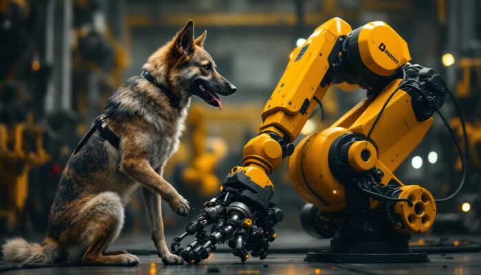 A photograph of a military dog in action alongside a sleek industrial robotic arm