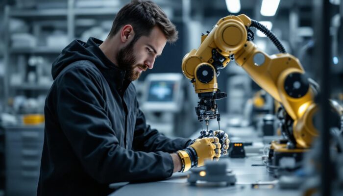A photograph of a biomedical engineer working collaboratively with a robotic arm in a lab setting