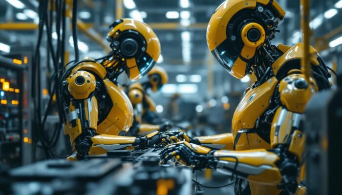 A photograph of a futuristic industrial setting featuring advanced robots working alongside humans