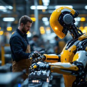 A photograph of a modern industrial robot in action