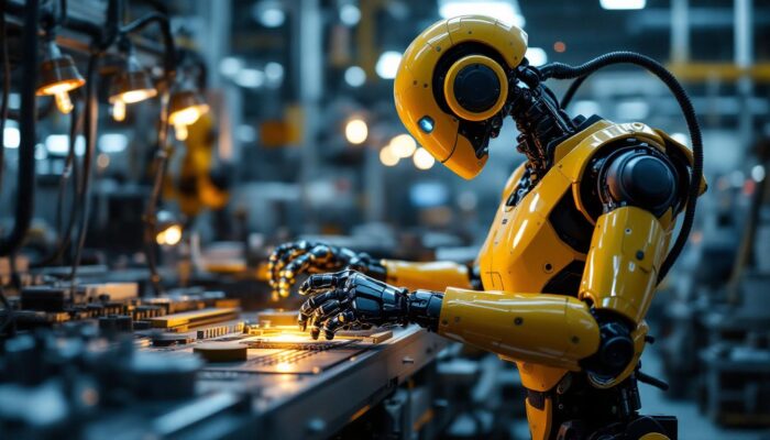 A photograph of a sleek industrial robot in action on a factory floor