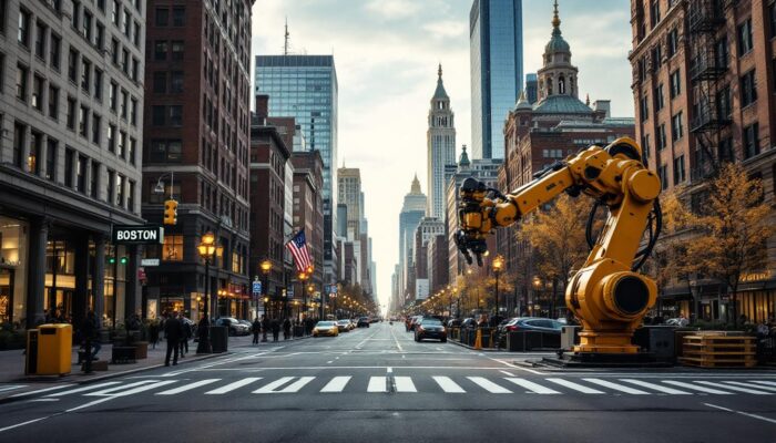 A photograph of a bustling boston street scene featuring both iconic landmarks and a glimpse of industrial robotics in action