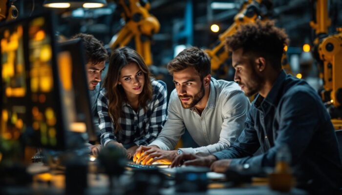 A photograph of a diverse group of young professionals collaborating on a machine learning project