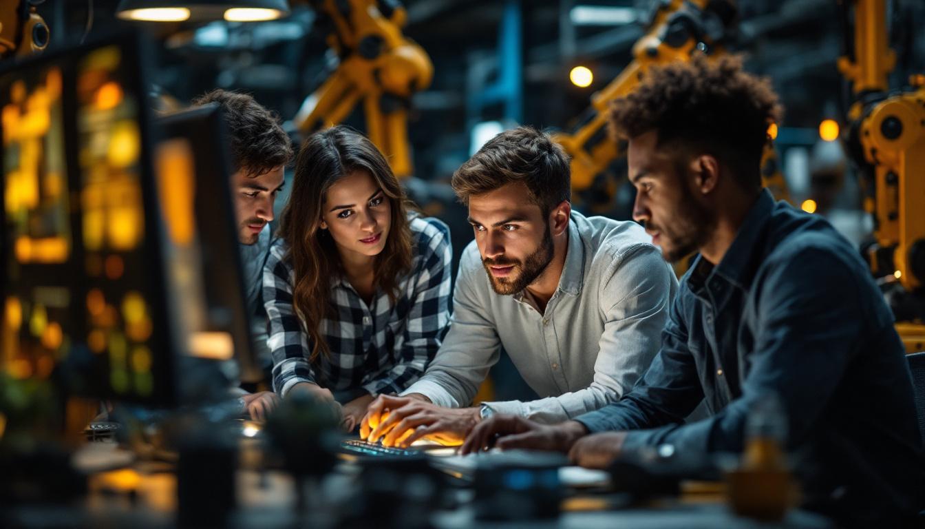 A photograph of a diverse group of young professionals collaborating on a machine learning project