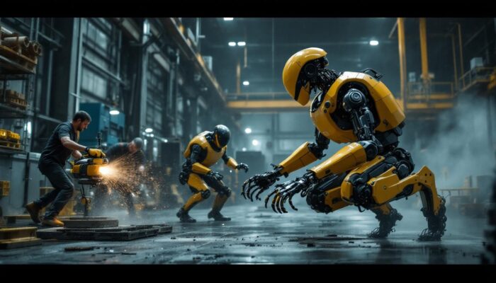 A photograph of a dynamic scene showcasing a boston dynamics robot in action within an industrial setting