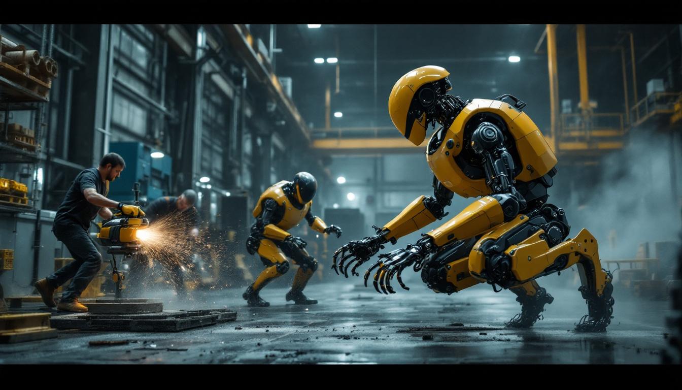 A photograph of a dynamic scene showcasing a boston dynamics robot in action within an industrial setting