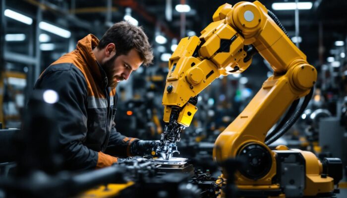A photograph of a skilled technician working on an industrial robot in a modern manufacturing environment