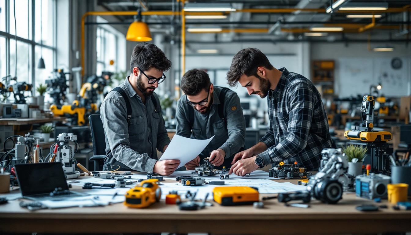 A photograph of a dynamic workspace where electrical engineers and industrial robotics students are collaborating on a project