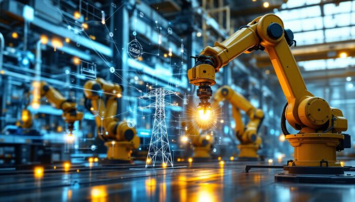 A photograph of a dynamic scene showcasing a modern industrial facility with robotic arms in action