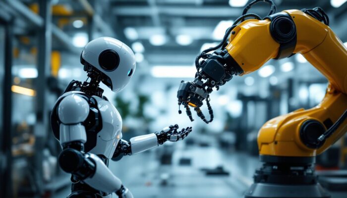 A photograph of a nao robot interacting with an industrial robotic arm in a modern workspace