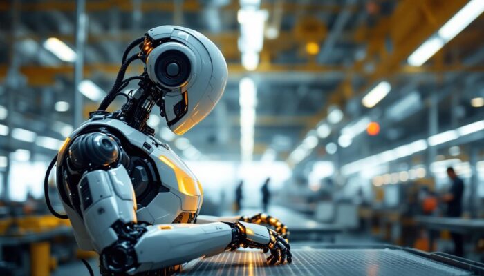 A photograph of a sleek industrial robot in action within a modern manufacturing environment