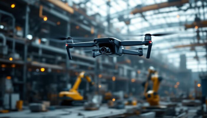 A photograph of a dynamic industrial setting showcasing an industrial drone in flight above a construction site or warehouse