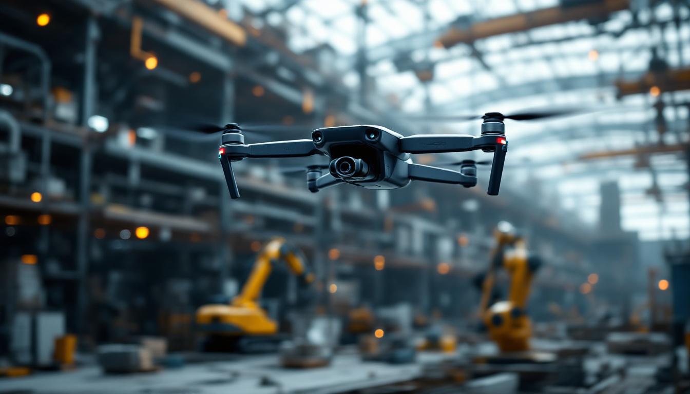A photograph of a dynamic industrial setting showcasing an industrial drone in flight above a construction site or warehouse
