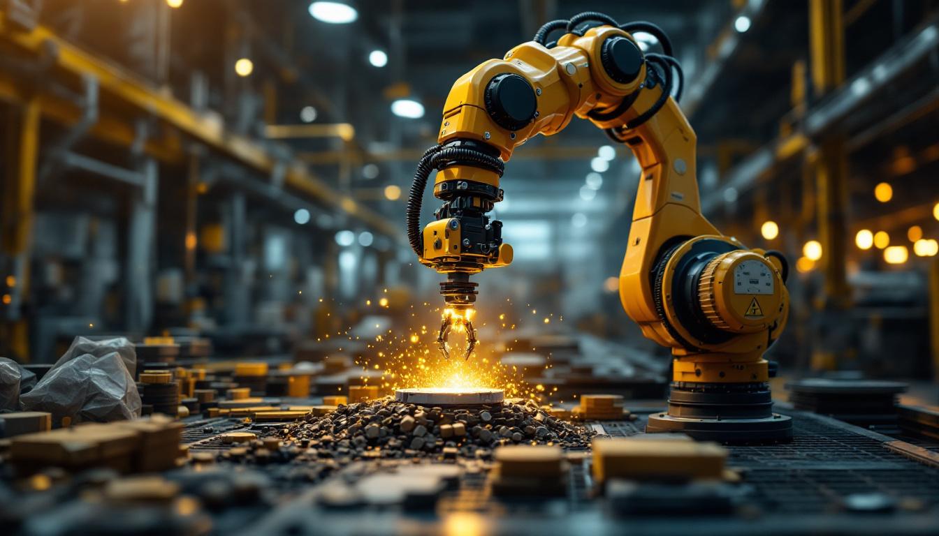 A photograph of a dynamic industrial setting featuring a robotic arm in action