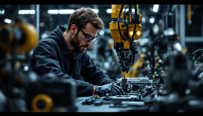 A photograph of a mechanical engineering student engaged in hands-on work with industrial robotics