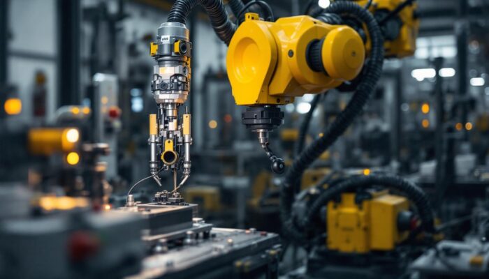 A photograph of a skilled technician operating an industrial robot in a modern manufacturing environment