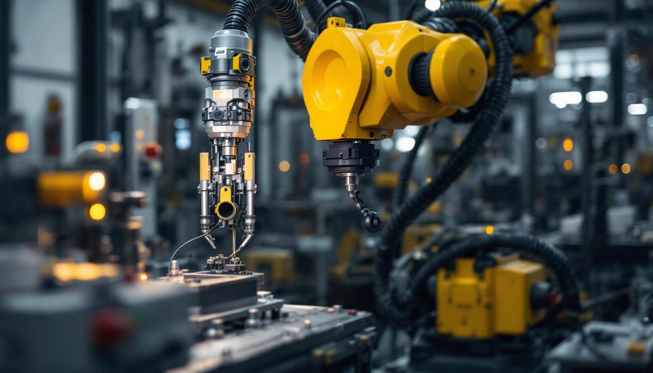 A photograph of a skilled technician operating an industrial robot in a modern manufacturing environment