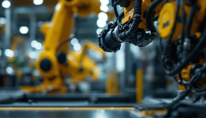 A photograph of a close-up of an industrial robotic arm in action