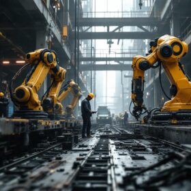 A photograph of a dynamic construction site featuring industrial robots in action alongside skilled workers