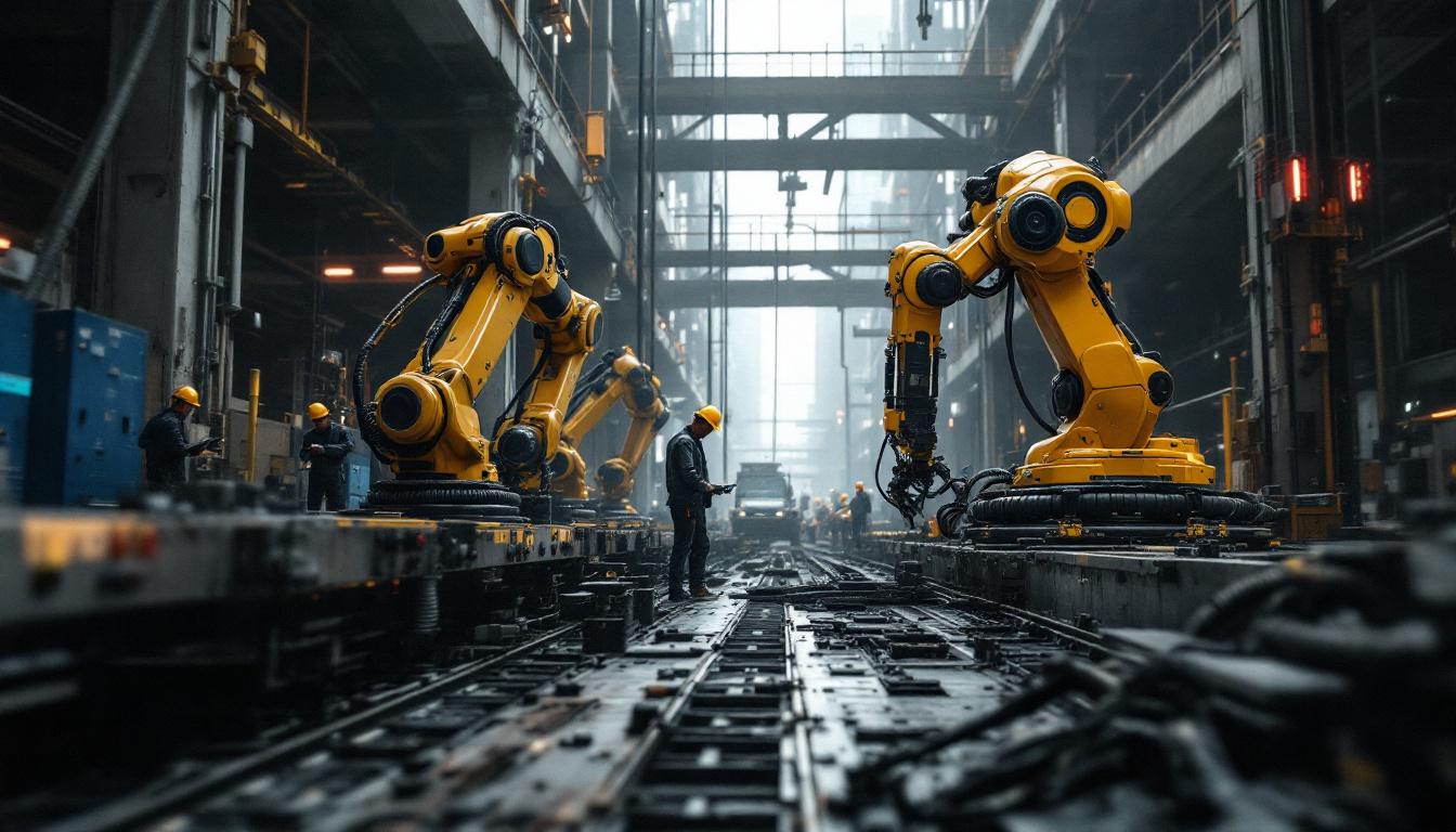 A photograph of a dynamic construction site featuring industrial robots in action alongside skilled workers