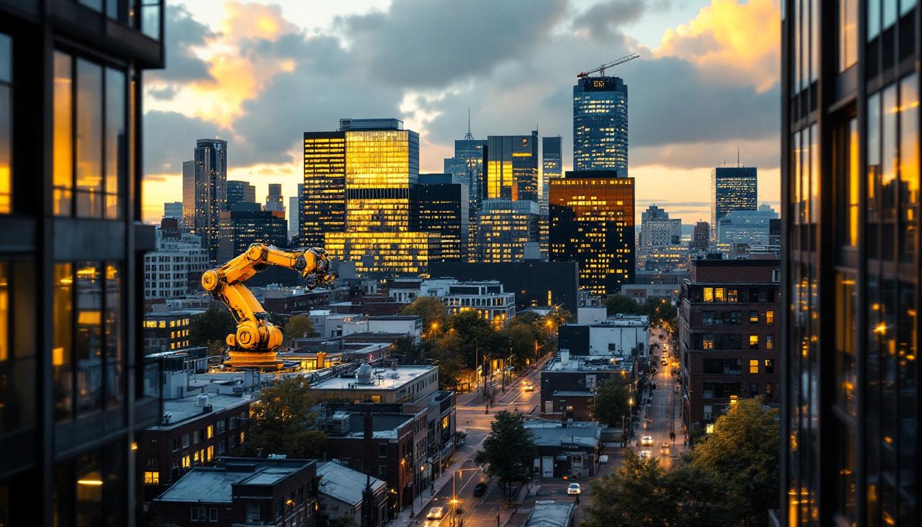 A photograph of a bustling boston neighborhood with a mix of modern industrial buildings and residential areas