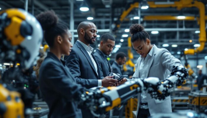 A photograph of a dynamic scene featuring a diverse group of professionals engaging with industrial robots in a modern manufacturing environment