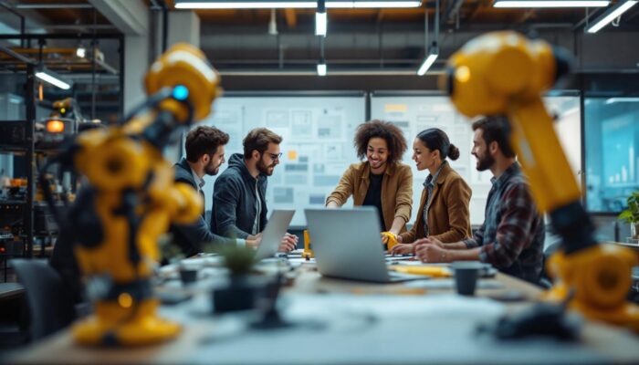 A photograph of a dynamic team collaborating in a modern workspace