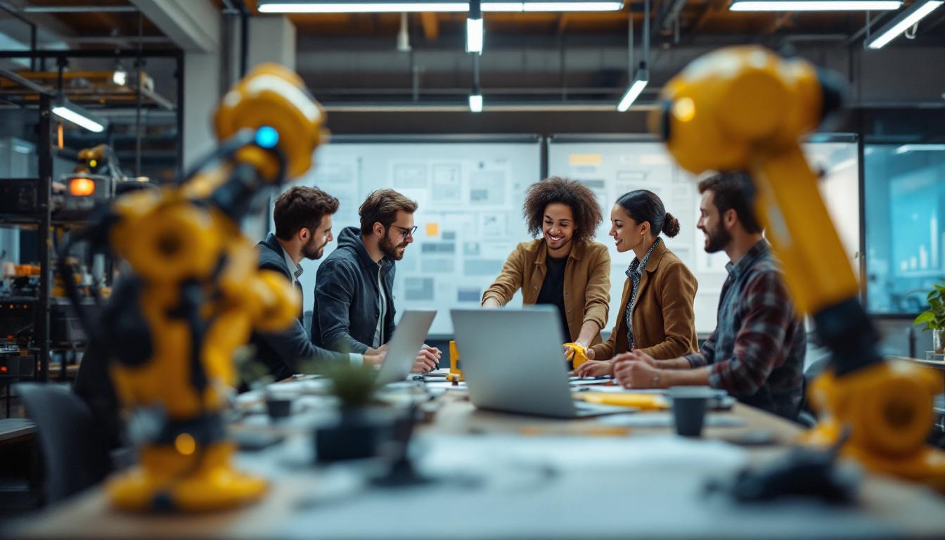 A photograph of a dynamic team collaborating in a modern workspace