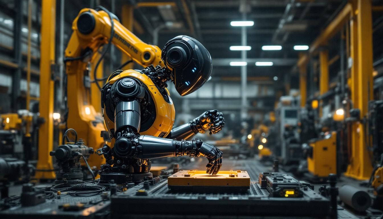 A photograph of a dynamic scene featuring the atlas robot in action within an industrial setting