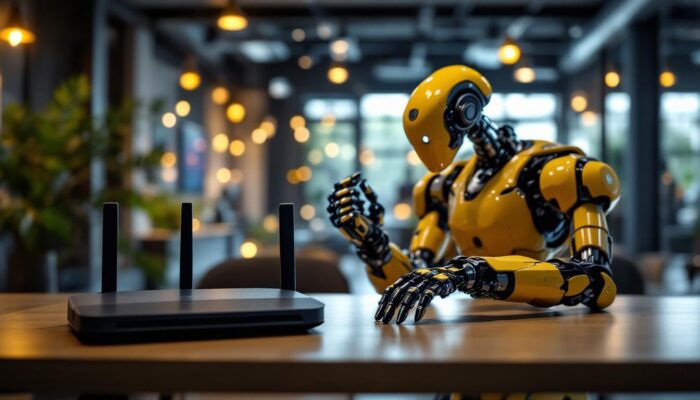 A photograph of a modern workspace featuring a sleek industrial robot in action alongside a wi-fi router