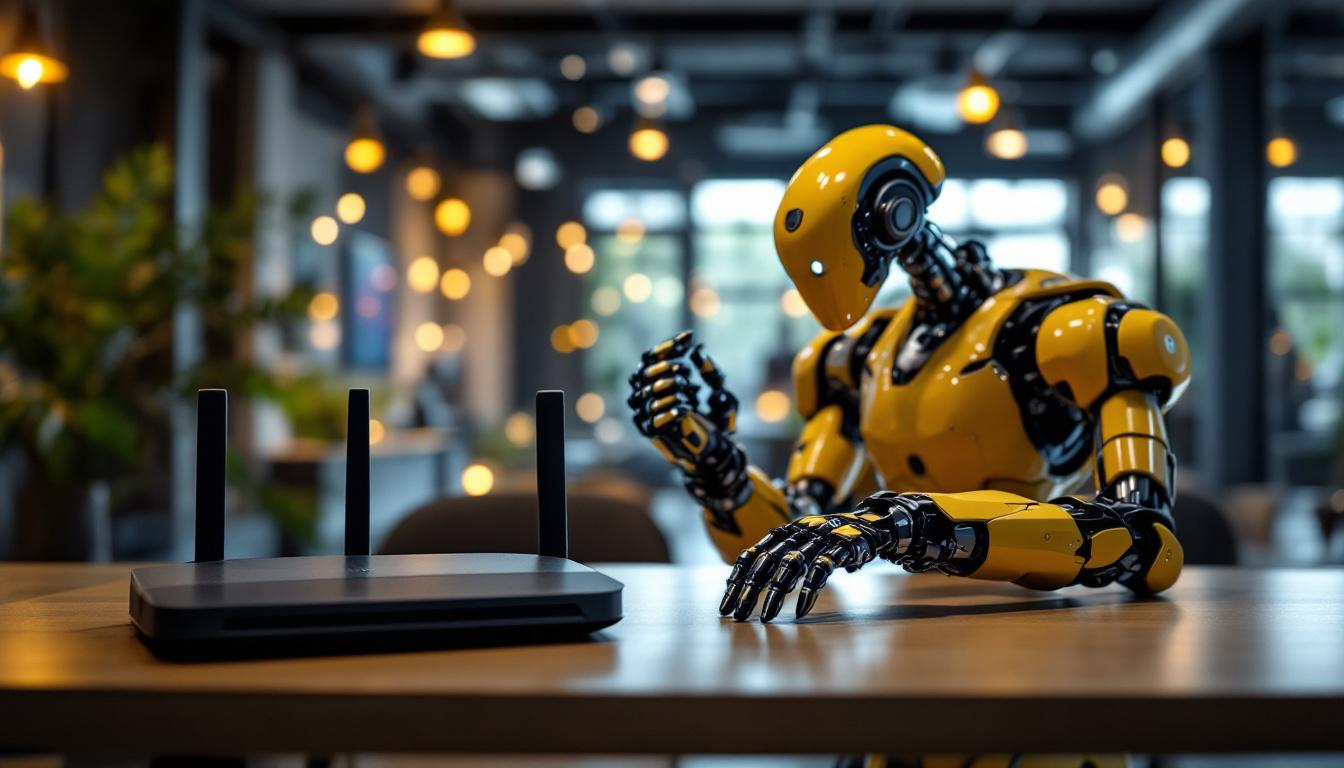 A photograph of a modern workspace featuring a sleek industrial robot in action alongside a wi-fi router