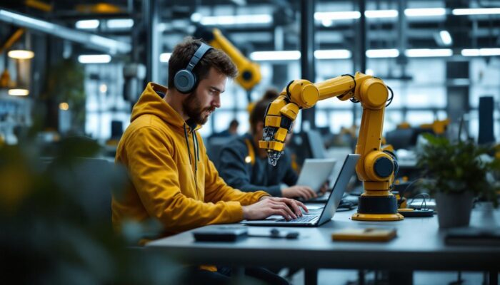 A photograph of a collaborative workspace where a software developer is programming on a laptop while interacting with an industrial robot