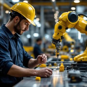 A photograph of a dynamic scene showcasing a skilled worker collaborating with industrial robots in a modern boston manufacturing facility