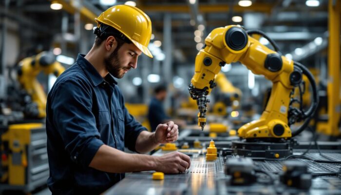 A photograph of a dynamic scene showcasing a skilled worker collaborating with industrial robots in a modern boston manufacturing facility