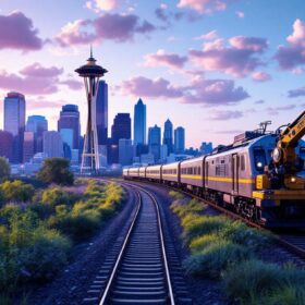 A photograph of capture a photograph of a scenic train journey transitioning from the lush landscapes of seattle to the urban skyline of boston