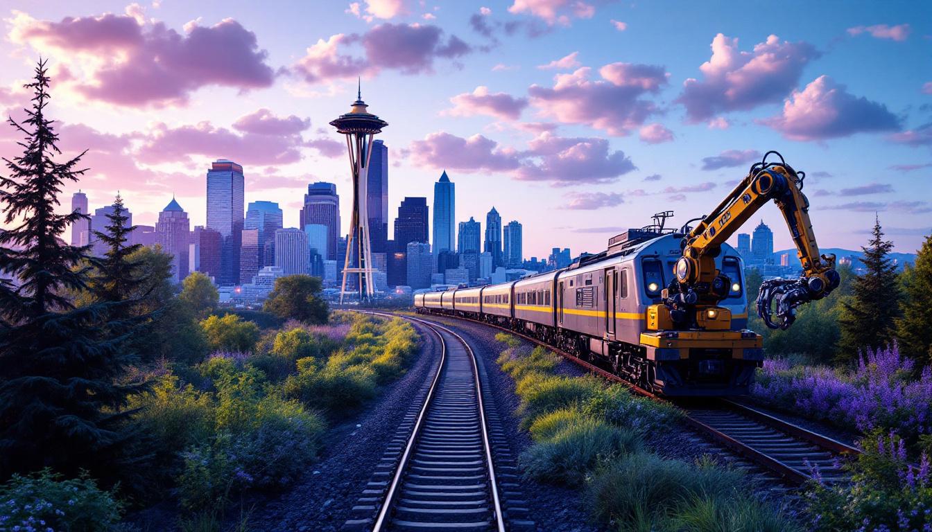 A photograph of capture a photograph of a scenic train journey transitioning from the lush landscapes of seattle to the urban skyline of boston
