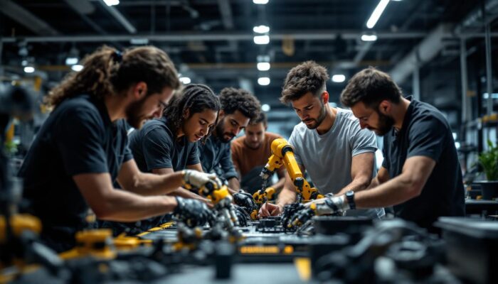 A photograph of capture a photograph of a diverse group of interns engaged in hands-on work with industrial robots in a modern boston workspace